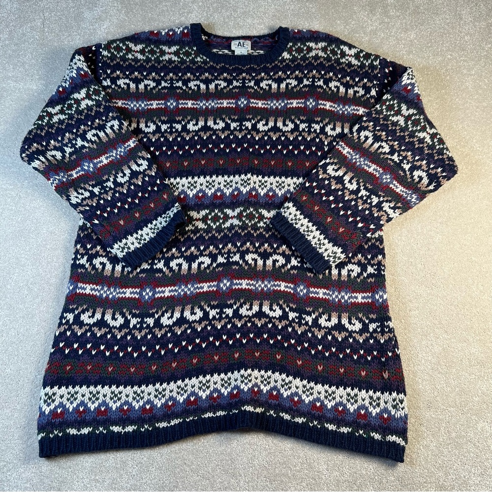 American Eagle Pullover Sweater Knit Patterned Blue Crew Neck women's medium - Picture 2 of 9